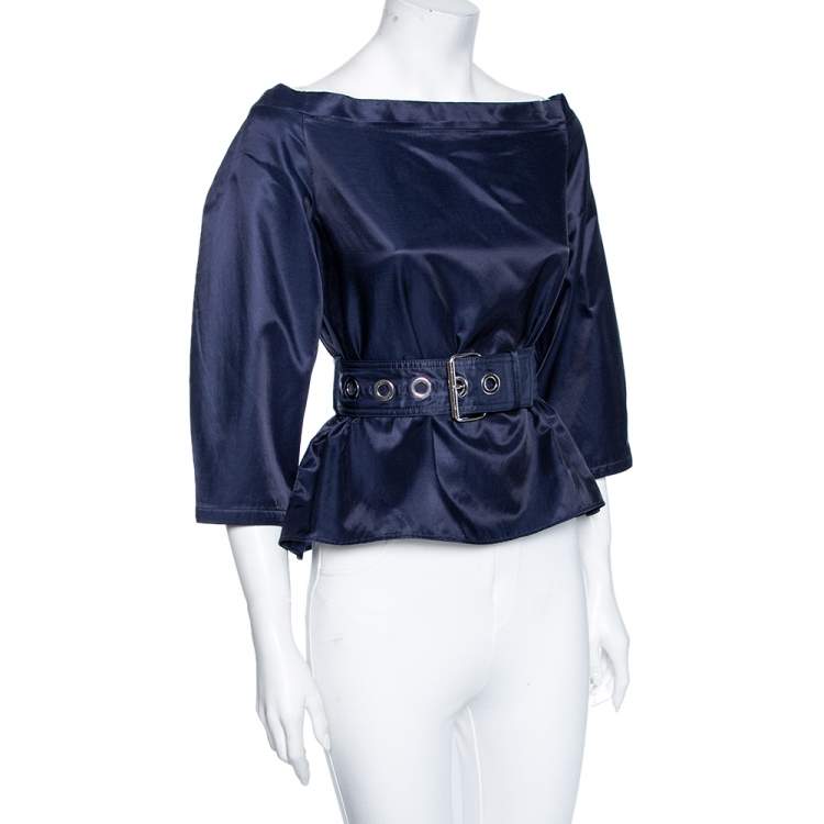 Pre Owned Kenzo Navy Blue Cotton Belted Off Shoulder Top S