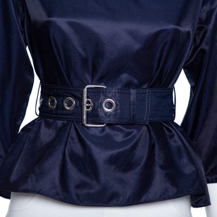 Pre Owned Kenzo Navy Blue Cotton Belted Off Shoulder Top S