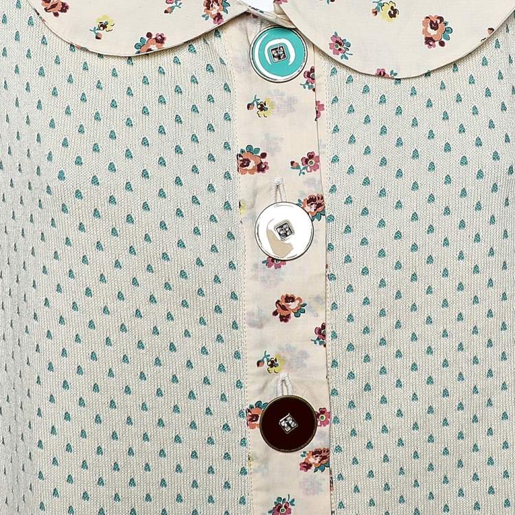 Pre Owned Kenzo Cream Patterned Knit & Cotton Trim Detail Button Front Sweater Top XL