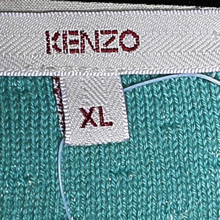 Pre Owned Kenzo Cream Patterned Knit & Cotton Trim Detail Button Front Sweater Top XL