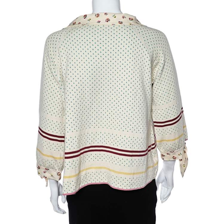 Pre Owned Kenzo Cream Patterned Knit & Cotton Trim Detail Button Front Sweater Top XL