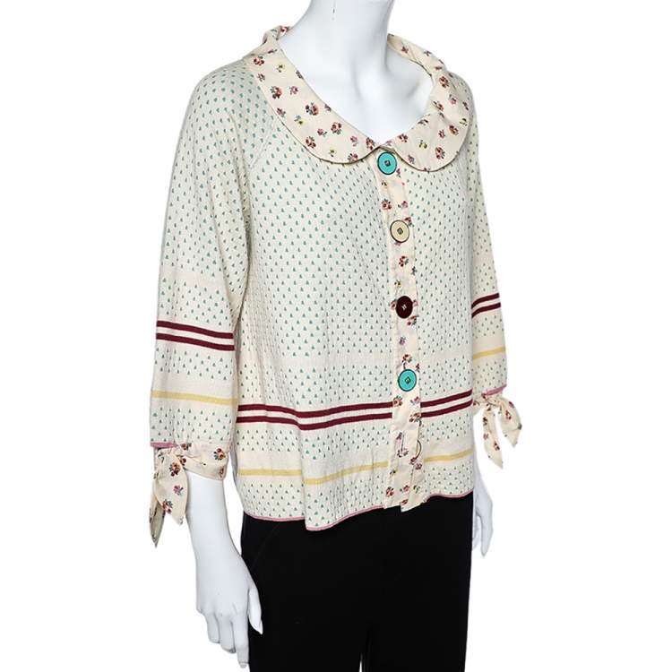 Pre Owned Kenzo Cream Patterned Knit & Cotton Trim Detail Button Front Sweater Top XL