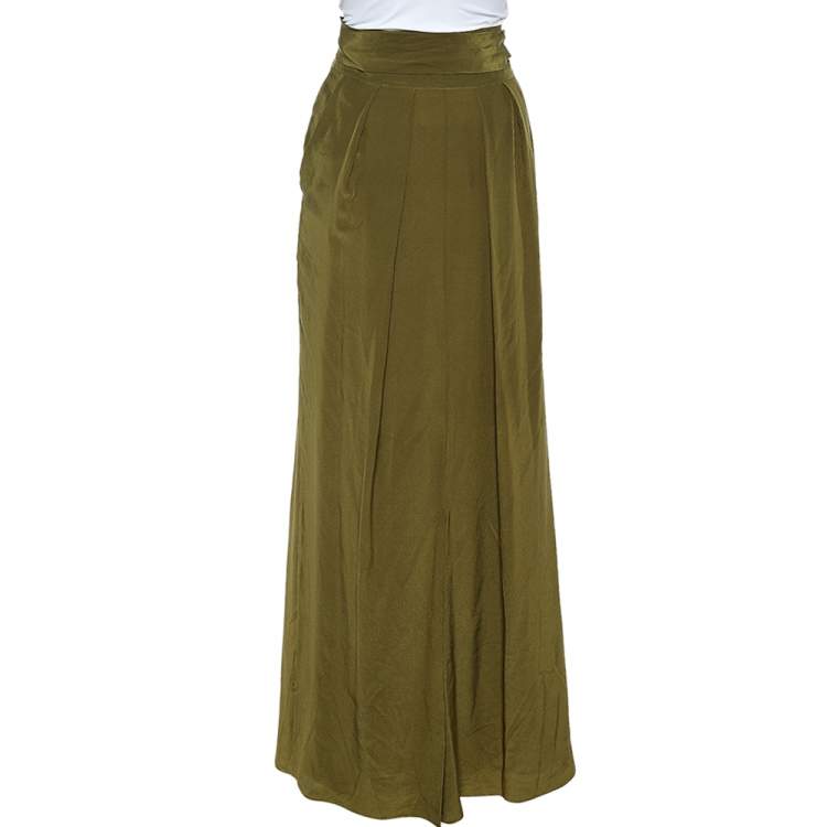 Pre Owned Kenzo Olive Green Crepe Belted Maxi Skirt XL 