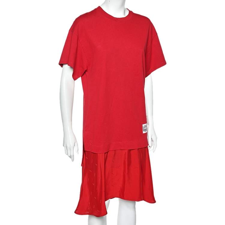Pre Owned Kenzo Red Cotton & Synthetic Trim Detailed Short Sleeve Dress S