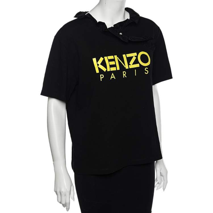 Pre Owned Kenzo Black Logo Printed Cotton Ruffled Neck T-Shirt XL