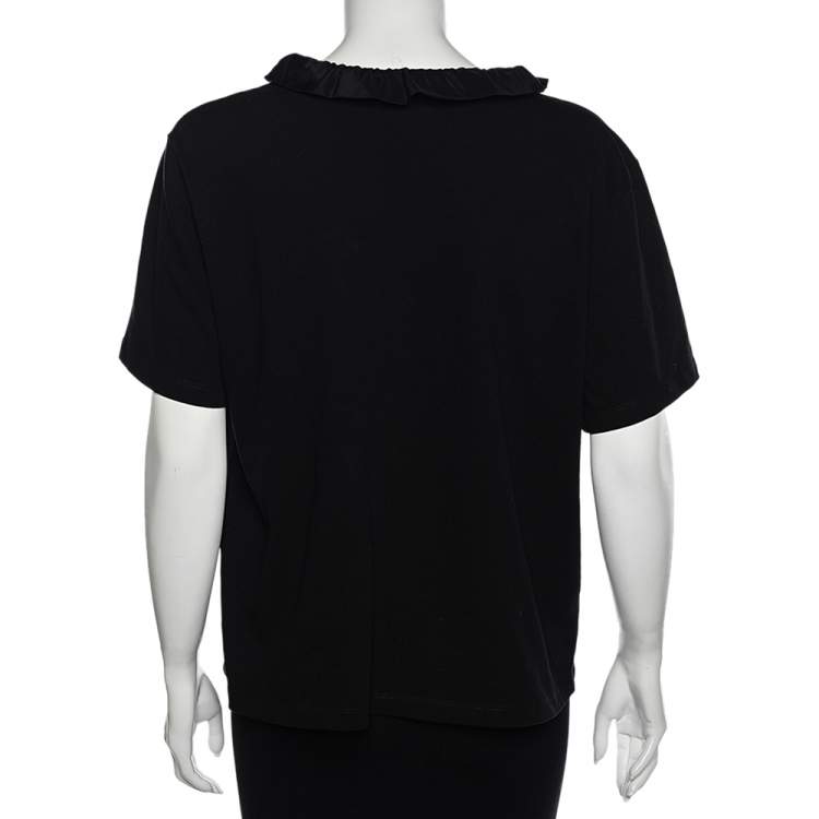 Pre Owned Kenzo Black Logo Printed Cotton Ruffled Neck T-Shirt XL
