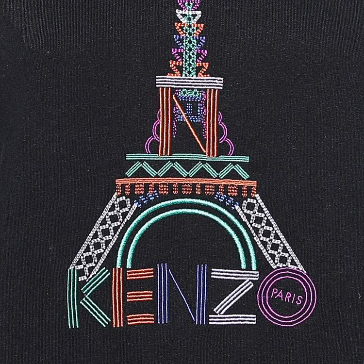 Pre Owned Kenzo Black Eiffel Tower Logo Embroidered Cotton Crewneck Sweatshirt L
