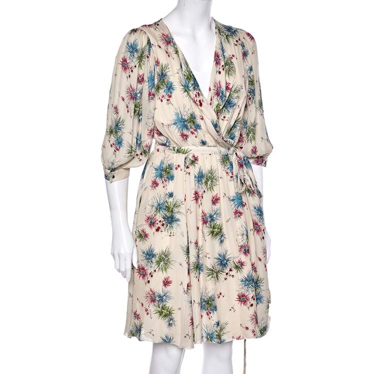 Pre Owned Kenzo Cream Floral Printed Silk Wrap Dress L