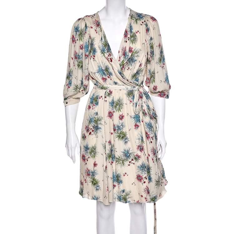 Pre Owned Kenzo Cream Floral Printed Silk Wrap Dress L