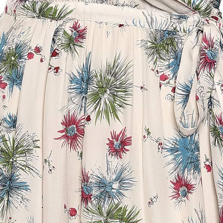 Pre Owned Kenzo Cream Floral Printed Silk Wrap Dress L