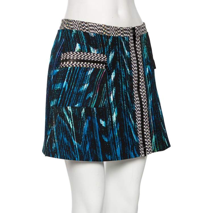 Pre Owned Kenzo Blue Distortion Print Synthetic Zip Front Mini Skirt M
