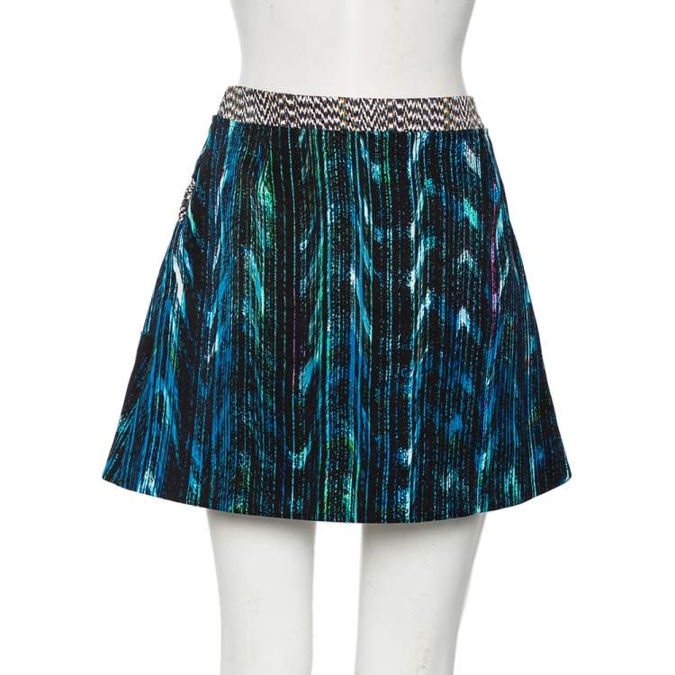 Pre Owned Kenzo Blue Distortion Print Synthetic Zip Front Mini Skirt M