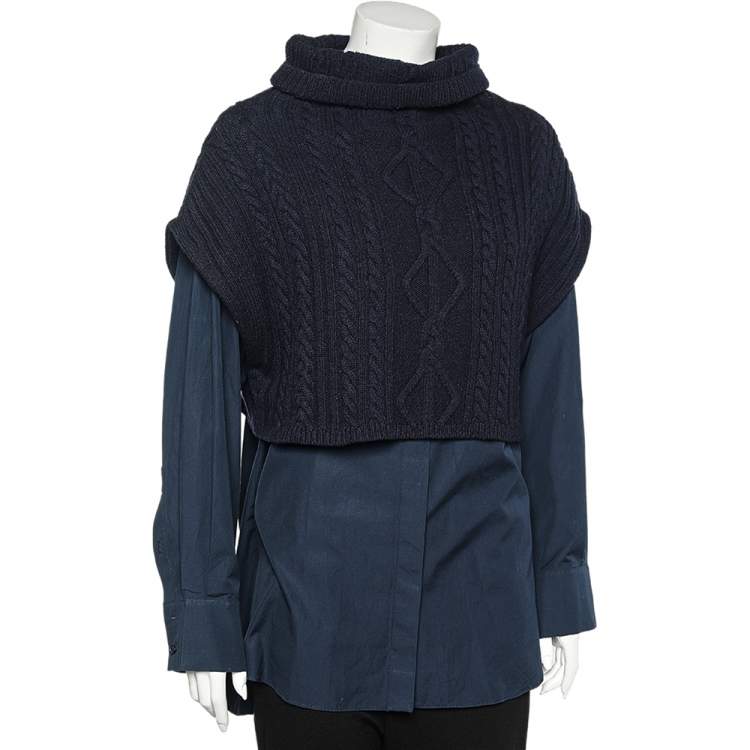 Pre Owned Kenzo Memento Collection 3 Navy Blue Cotton Shirt &  Wool Turtleneck Cropped Sweater Set L