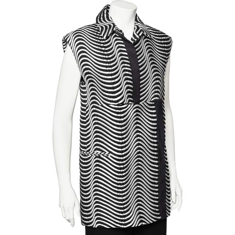 Pre Owned Kenzo Monochrome Patterned Jacquard Asymmetric Detail Sleeveless Jacket M