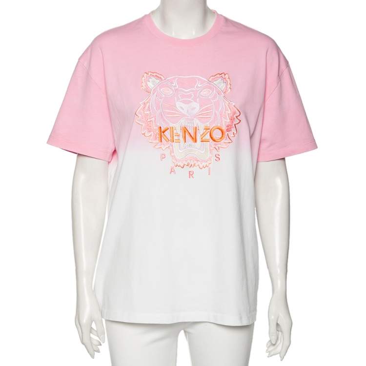 Pre Owned Kenzo Pink & White Gradient Effect Cotton Tiger Embroidered T-Shirt M