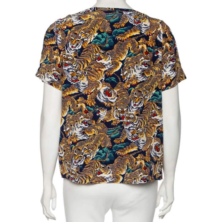 Pre Owned Kenzo Multicolored Tiger Printed Silk Blouse M
