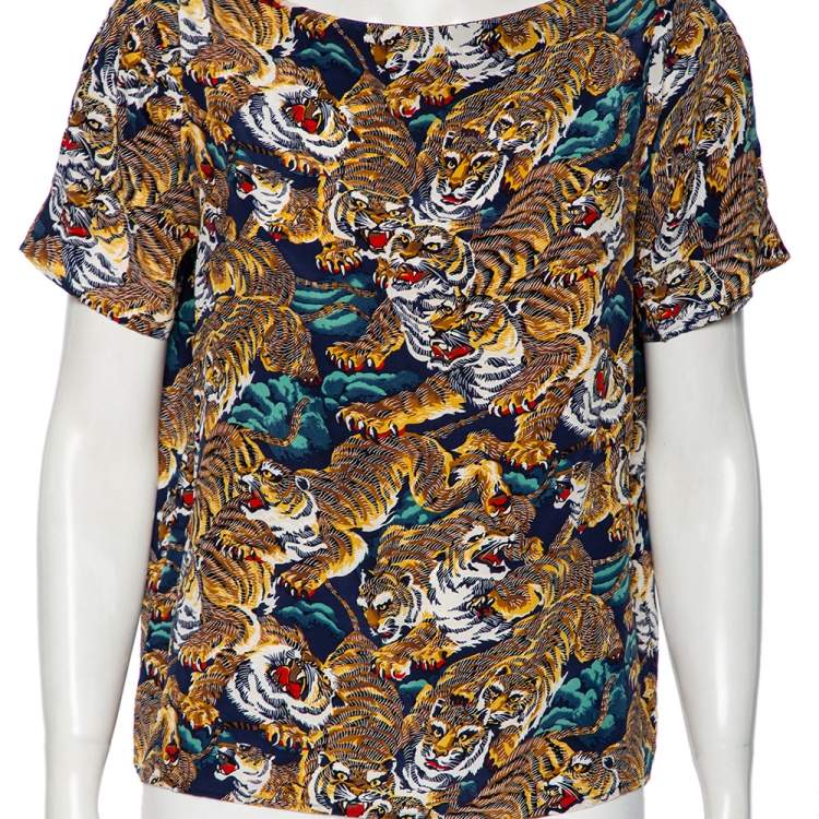 Pre Owned Kenzo Multicolored Tiger Printed Silk Blouse M