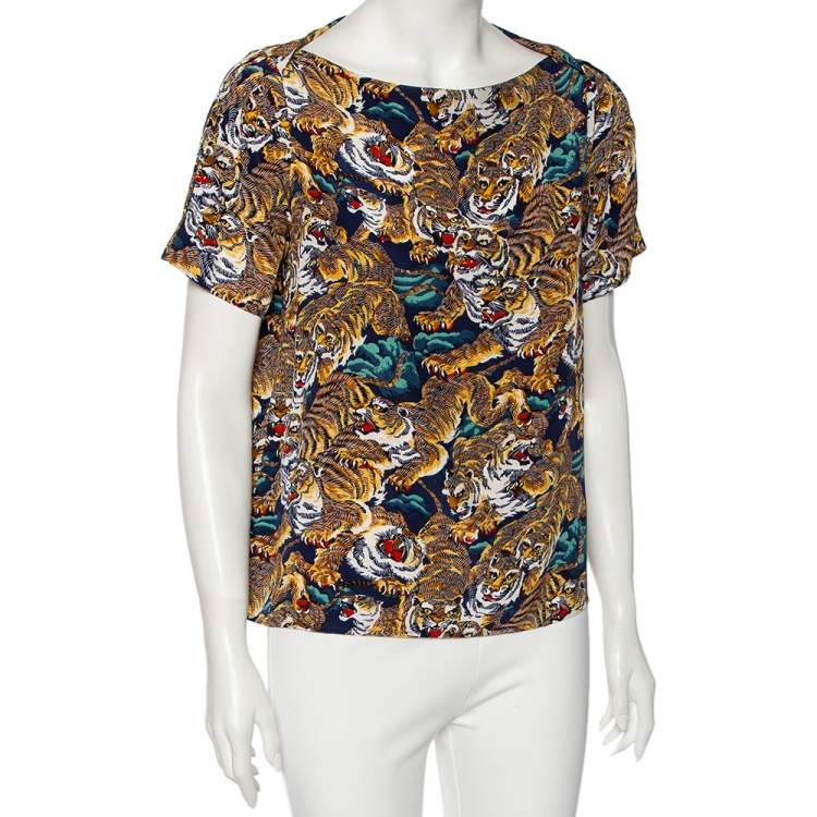 Pre Owned Kenzo Multicolored Tiger Printed Silk Blouse M