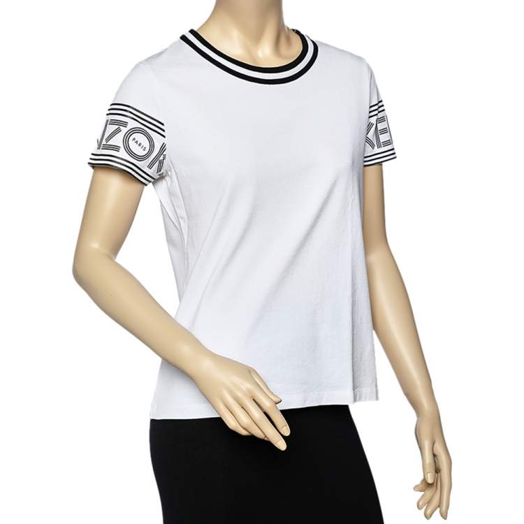 Pre Owned Kenzo White Logo Cotton Printed Sleeve Round Neck T-Shirt L