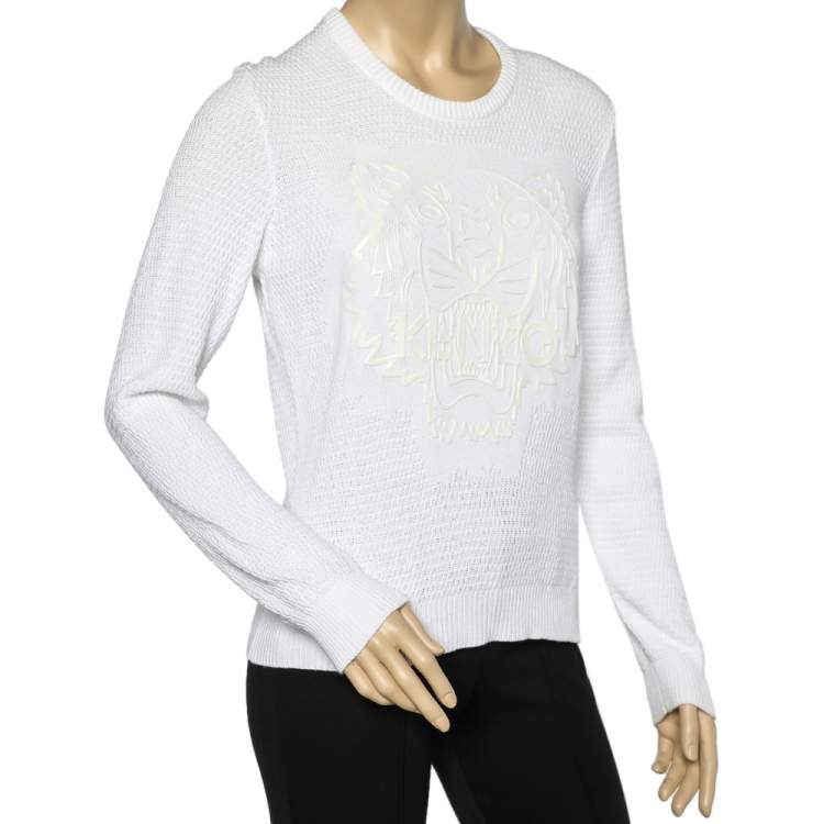 Pre Owned Kenzo White Cotton Knit Tiger Logo Detail Sweatshirt M