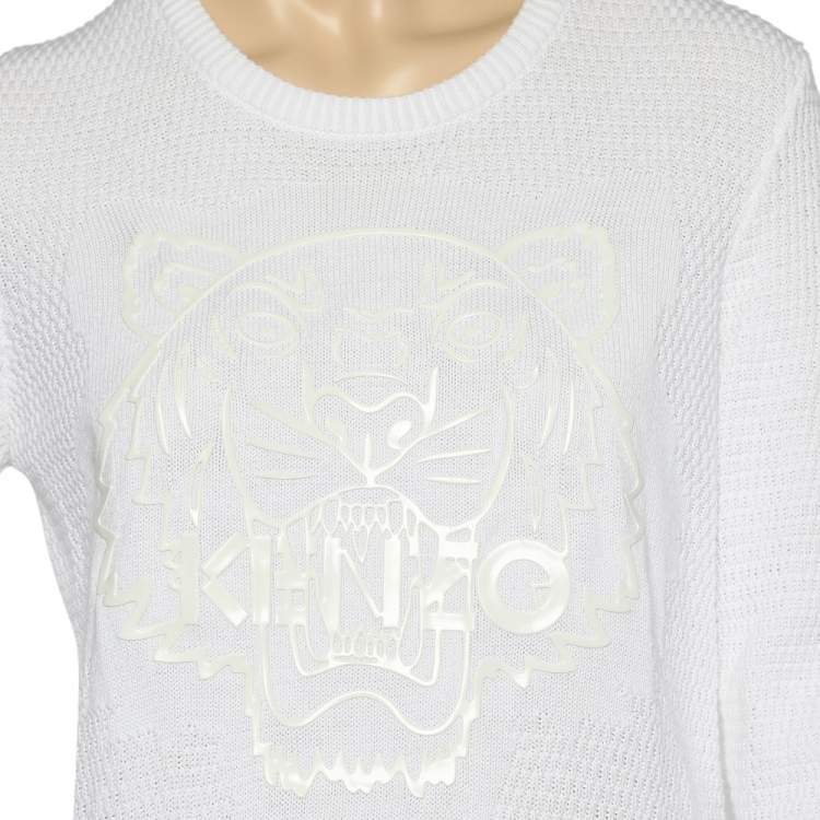Pre Owned Kenzo White Cotton Knit Tiger Logo Detail Sweatshirt M