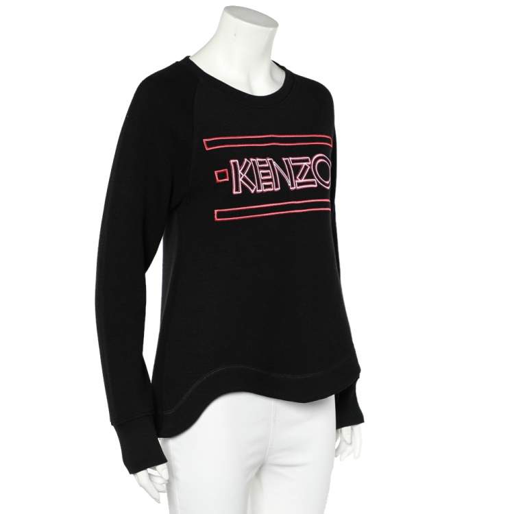 Pre Owned Kenzo Black Logo Embroidered Wool Blend Asymmetric Hem Sweater XL