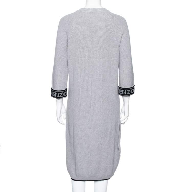 Pre Owned Kenzo Grey Knit Logo Trimmed Detailed Long Sleeve Sweater Dress S