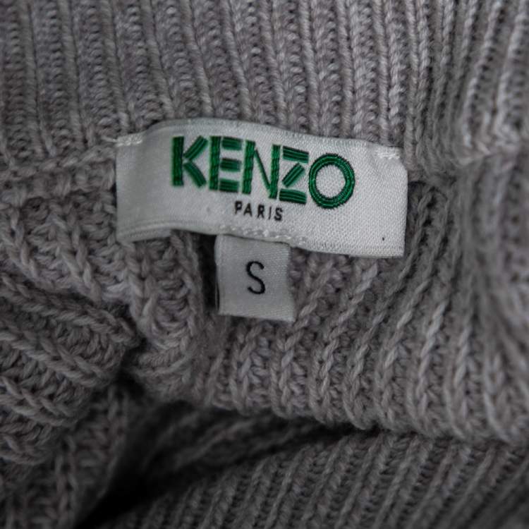 Pre Owned Kenzo Grey Knit Logo Trimmed Detailed Long Sleeve Sweater Dress S