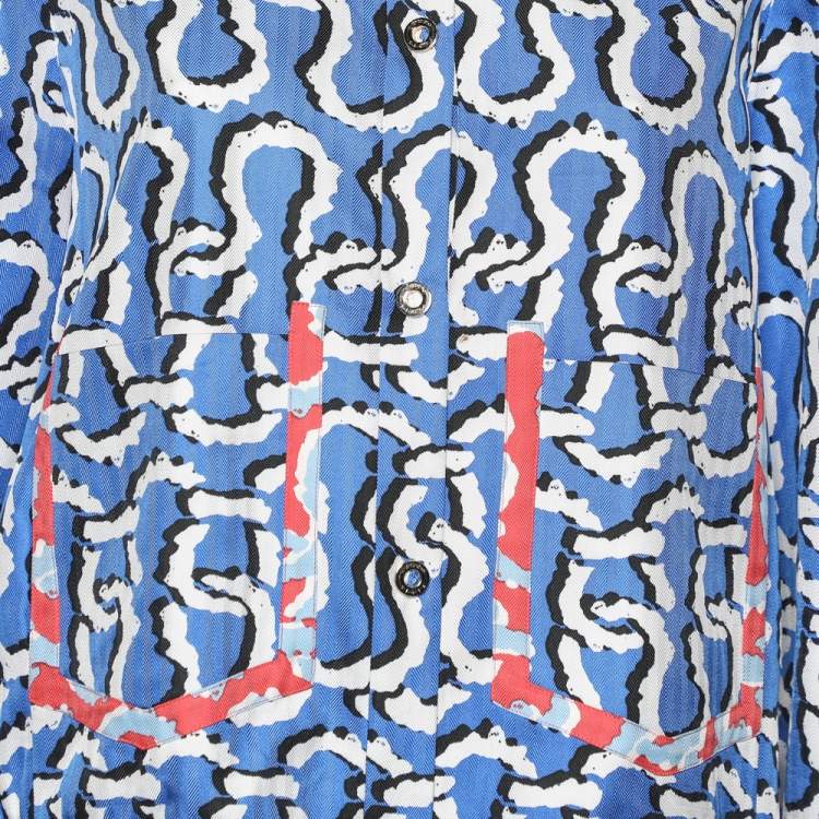 Pre Owned Kenzo Blue Links Printed Silk Button Front Jacket L