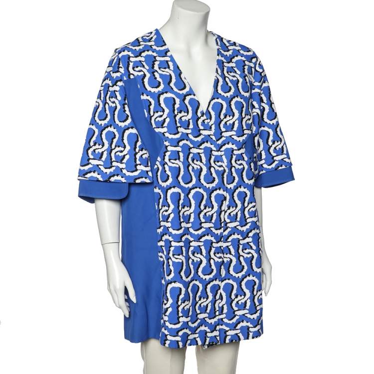 Pre Owned Kenzo Blue Printed Synthetic Double Breasted Coat M