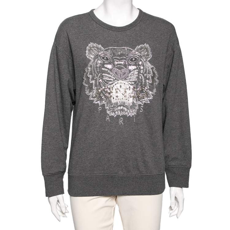 Pre Owned Kenzo Grey Cotton Tiger Embellished Long Sleeve Sweatshirt S
