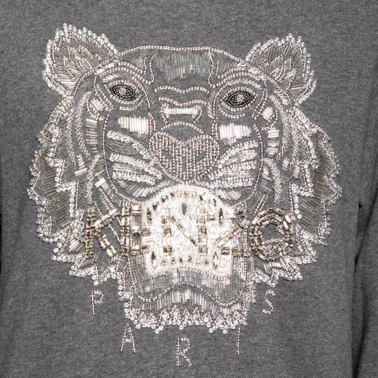 Pre Owned Kenzo Grey Cotton Tiger Embellished Long Sleeve Sweatshirt S