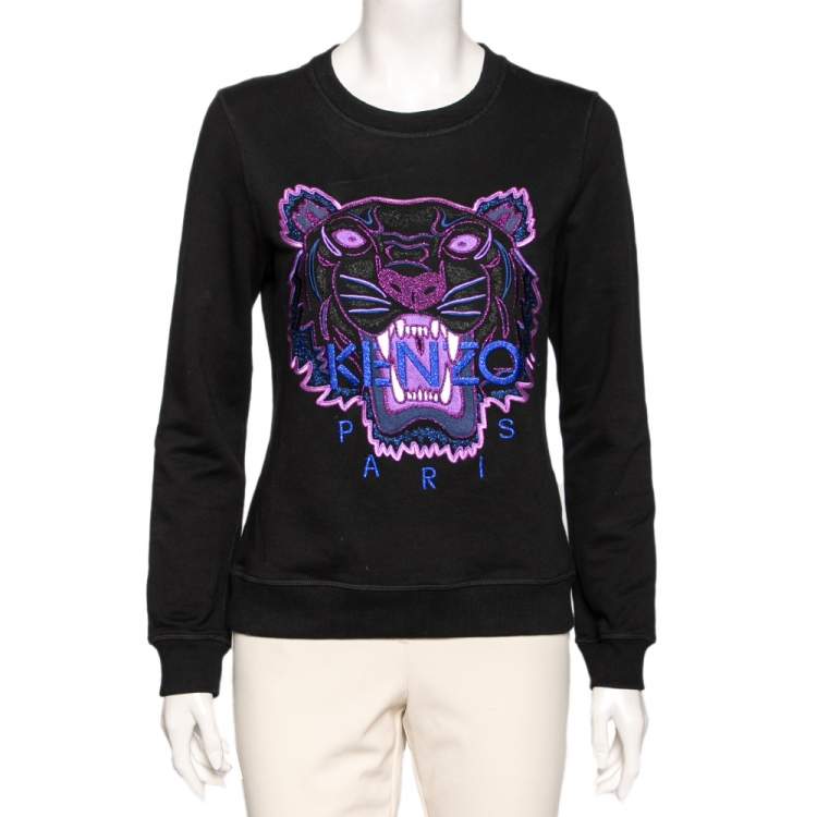 Pre Owned Kenzo Black Cotton & Lurex Embroidered Tiger Crewneck Sweatshirt M