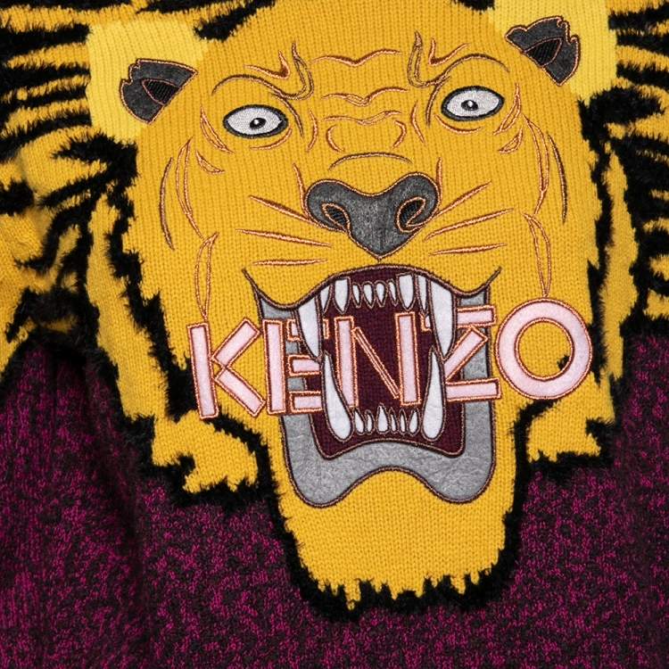 Pre Owned Kenzo Multicolored Tiger Logo Intarsia Knit & Mohair Trimmed Sweater S
