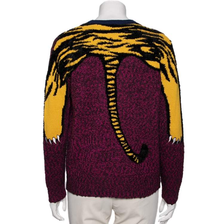 Pre Owned Kenzo Multicolored Tiger Logo Intarsia Knit & Mohair Trimmed Sweater S