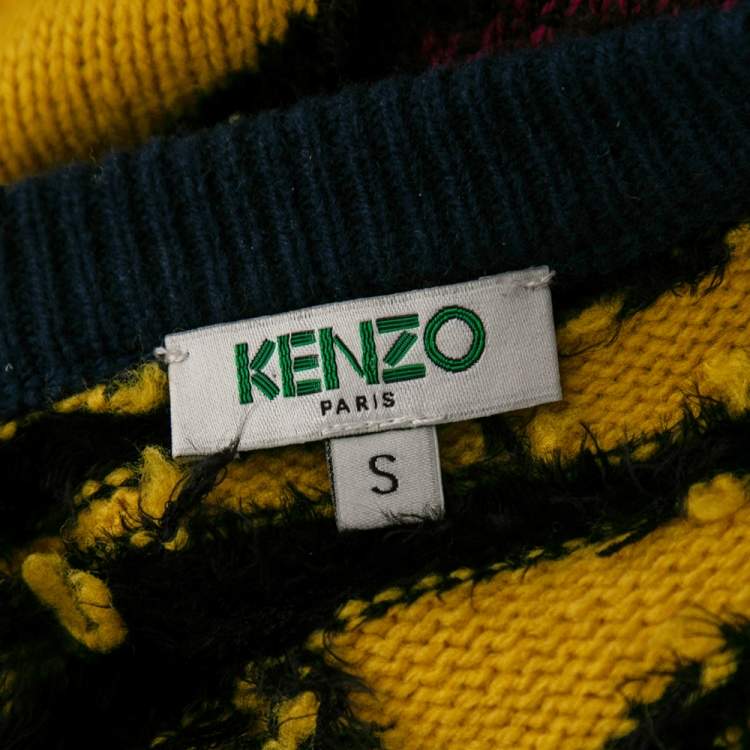 Pre Owned Kenzo Multicolored Tiger Logo Intarsia Knit & Mohair Trimmed Sweater S