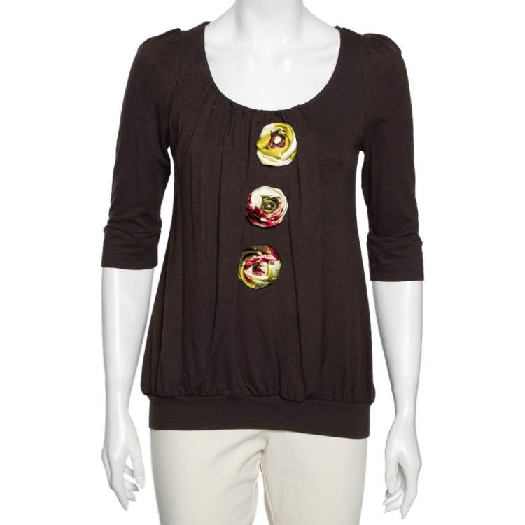 Pre Owned Kenzo Brown Knit Floral Applique Detailed Top S
