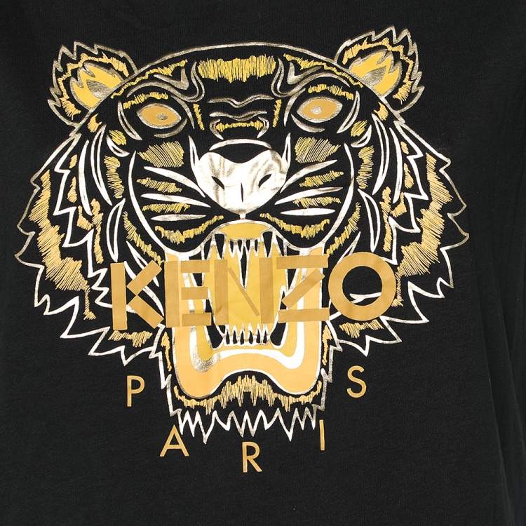 Pre Owned Kenzo Black Metallic Tiger Printed Cotton Crewneck T-Shirt L