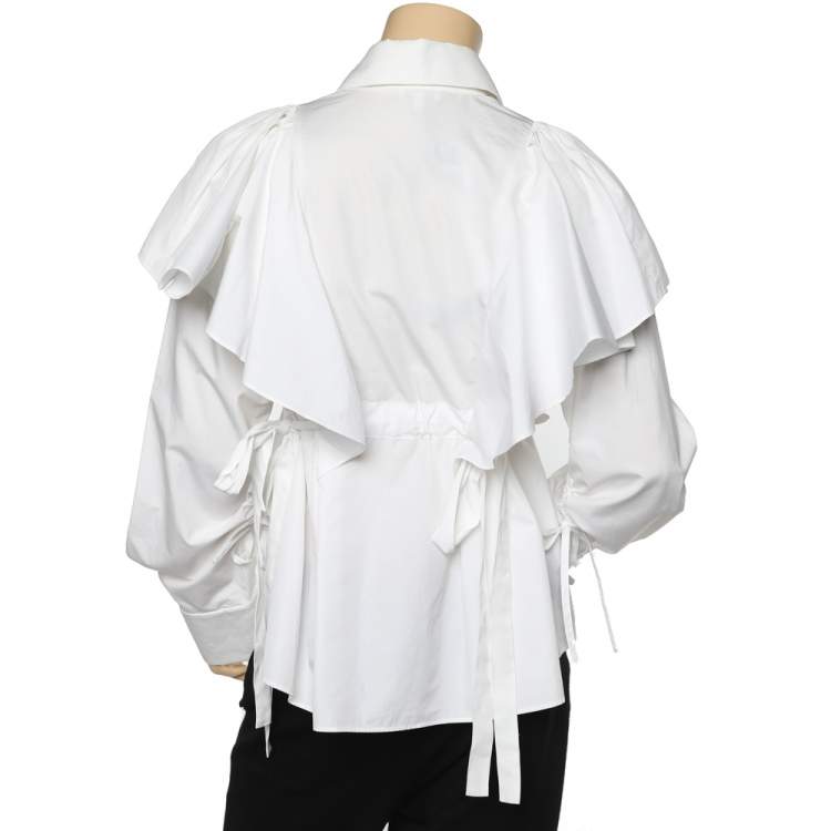 Pre Owned Kenzo White Cotton Ruffled Overlay Detail Belted Shirt S