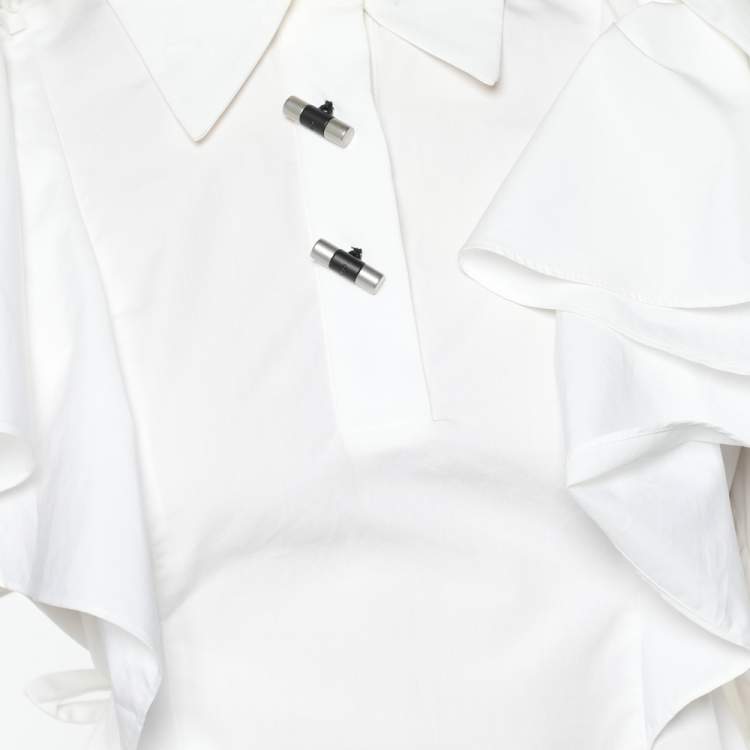 Pre Owned Kenzo White Cotton Ruffled Overlay Detail Belted Shirt S