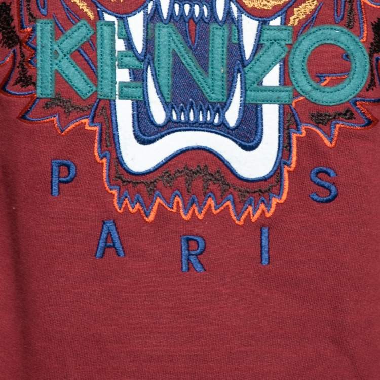 Pre Owned Kenzo Burgundy Tiger Embroidered Cotton Crew Neck Sweatshirt XS