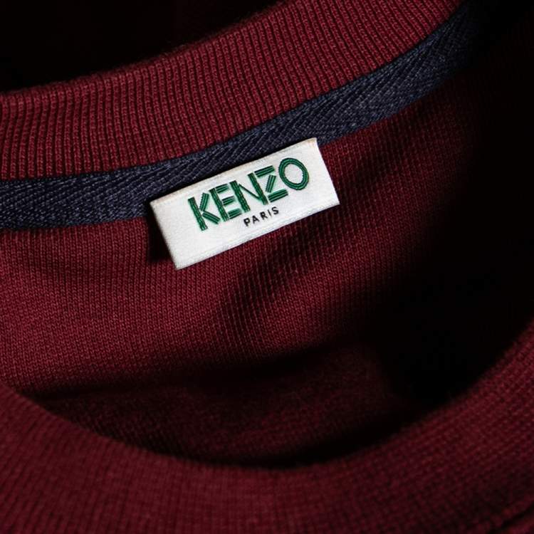 Pre Owned Kenzo Burgundy Tiger Embroidered Cotton Crew Neck Sweatshirt XS