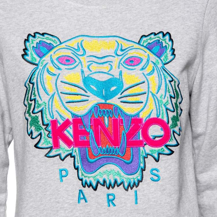 Pre Owned Kenzo Grey Tiger Embroidered Cotton Crew Neck Long Sleeve Sweater M
