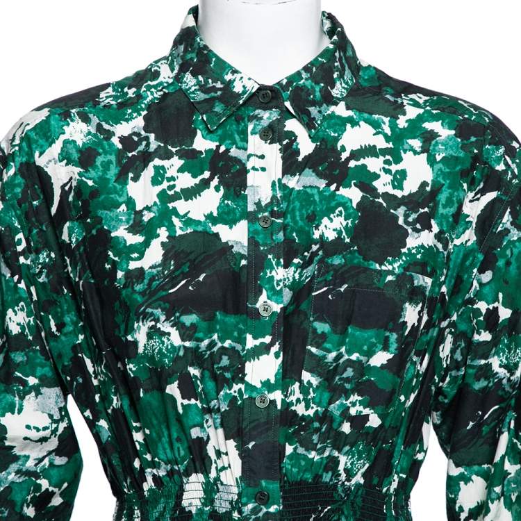 مملوكة مسبقًا Kenzo Green Fleur Camo Printed Cotton & Silk Shirt Dress M