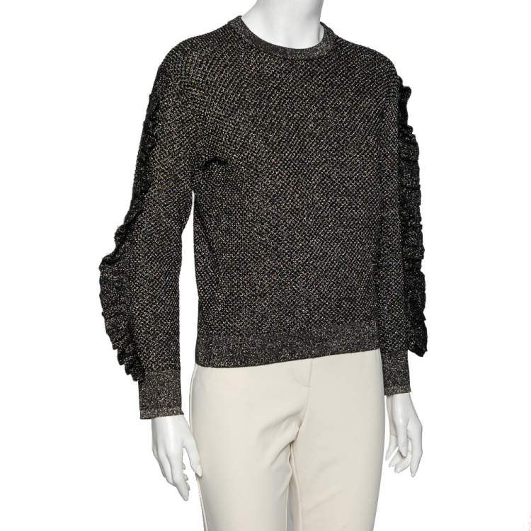 Pre Owned Kenzo Black Lurex Knit Ruffle Trimmed Round Neck Jumper XS