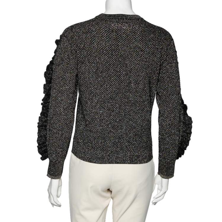 Pre Owned Kenzo Black Lurex Knit Ruffle Trimmed Round Neck Jumper XS