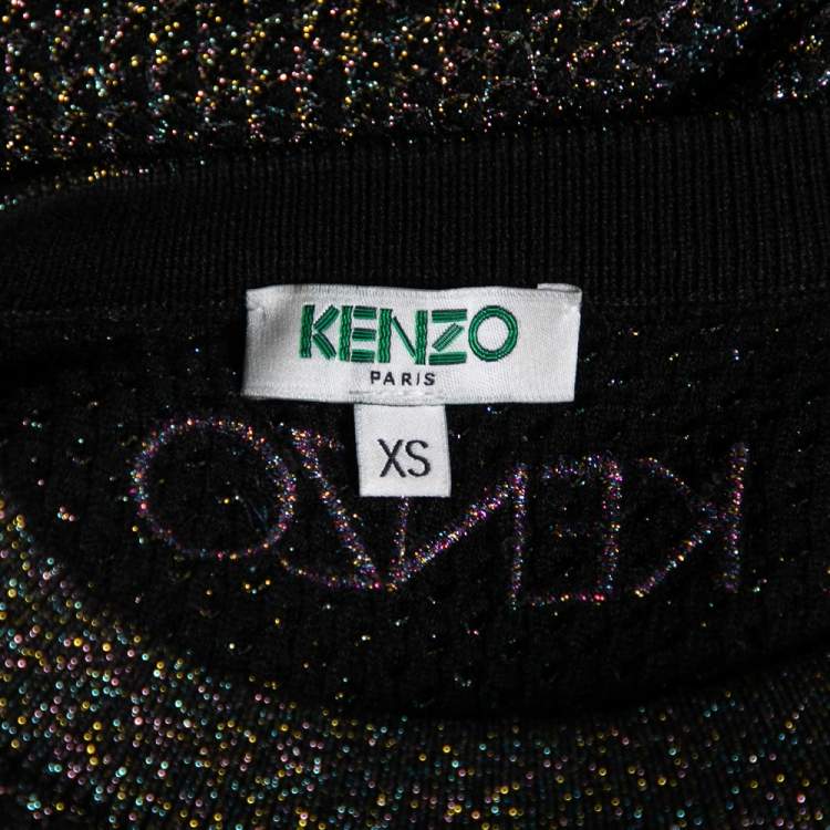 Pre Owned Kenzo Black Lurex Knit Ruffle Trimmed Round Neck Jumper XS