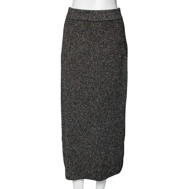 Pre Owned Kenzo Black Patterned Lurex Knit Midi Pencil Skirt M
