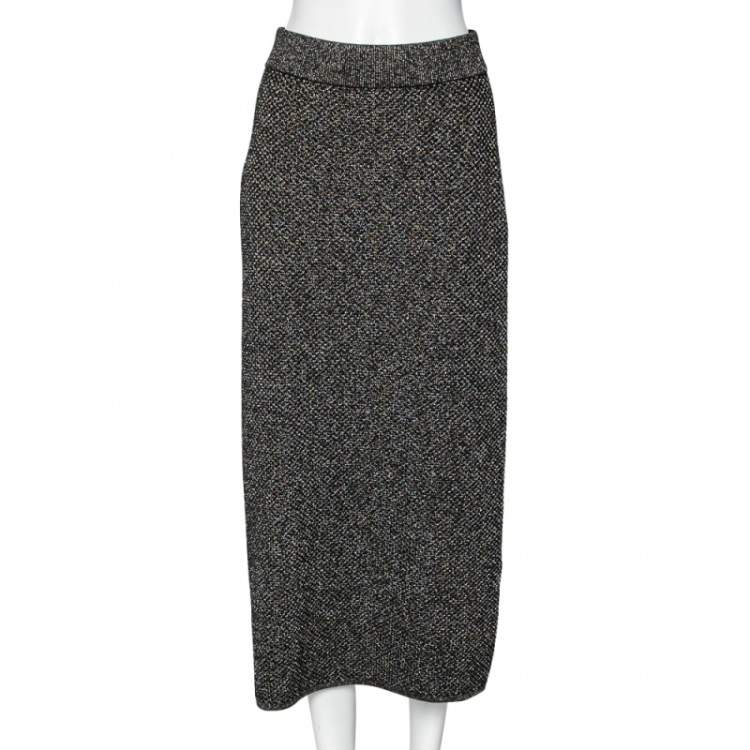 Pre Owned Kenzo Black Patterned Lurex Knit Midi Pencil Skirt M