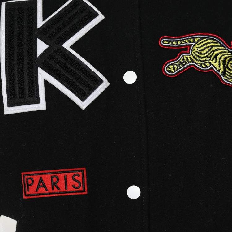 Pre Owned Kenzo Black Wool Logo Patch Varsity Bomber Jacket S